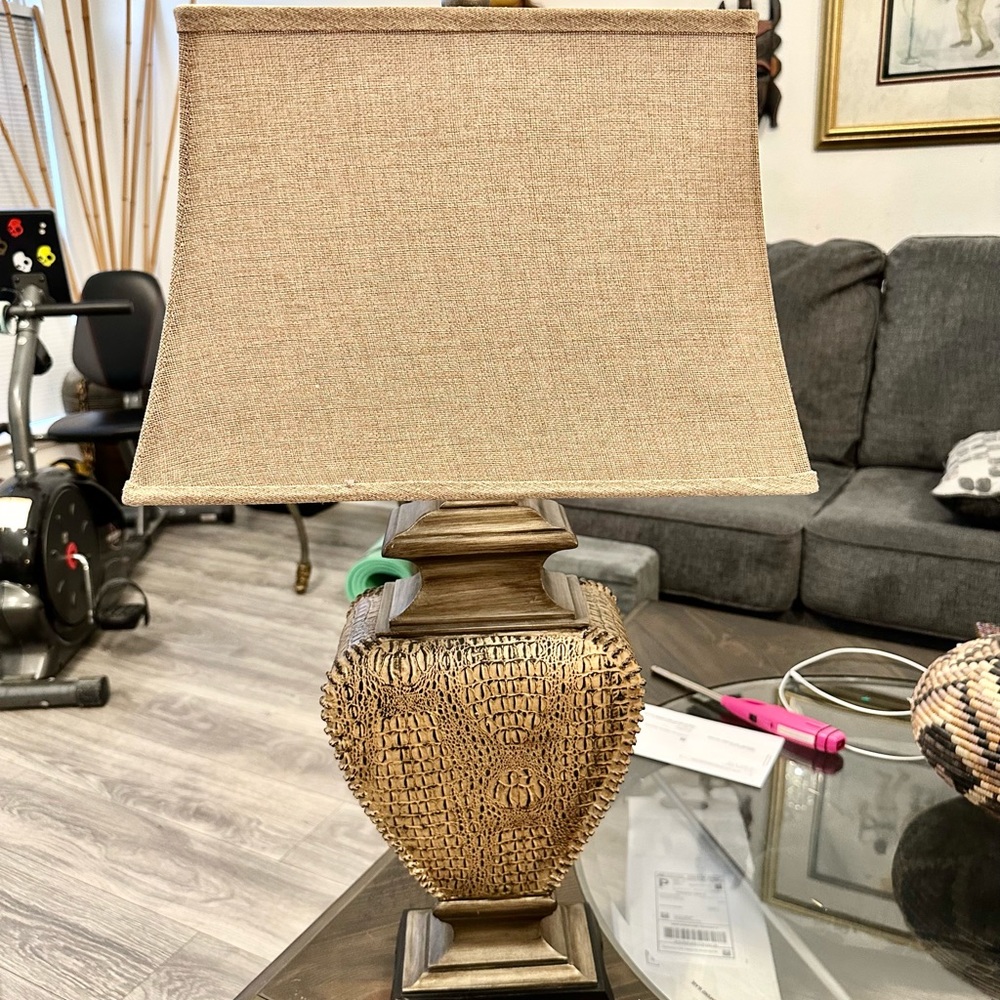 Large Nieman, Marcus, ceramic alligator looking lamp comes with a designer scarf